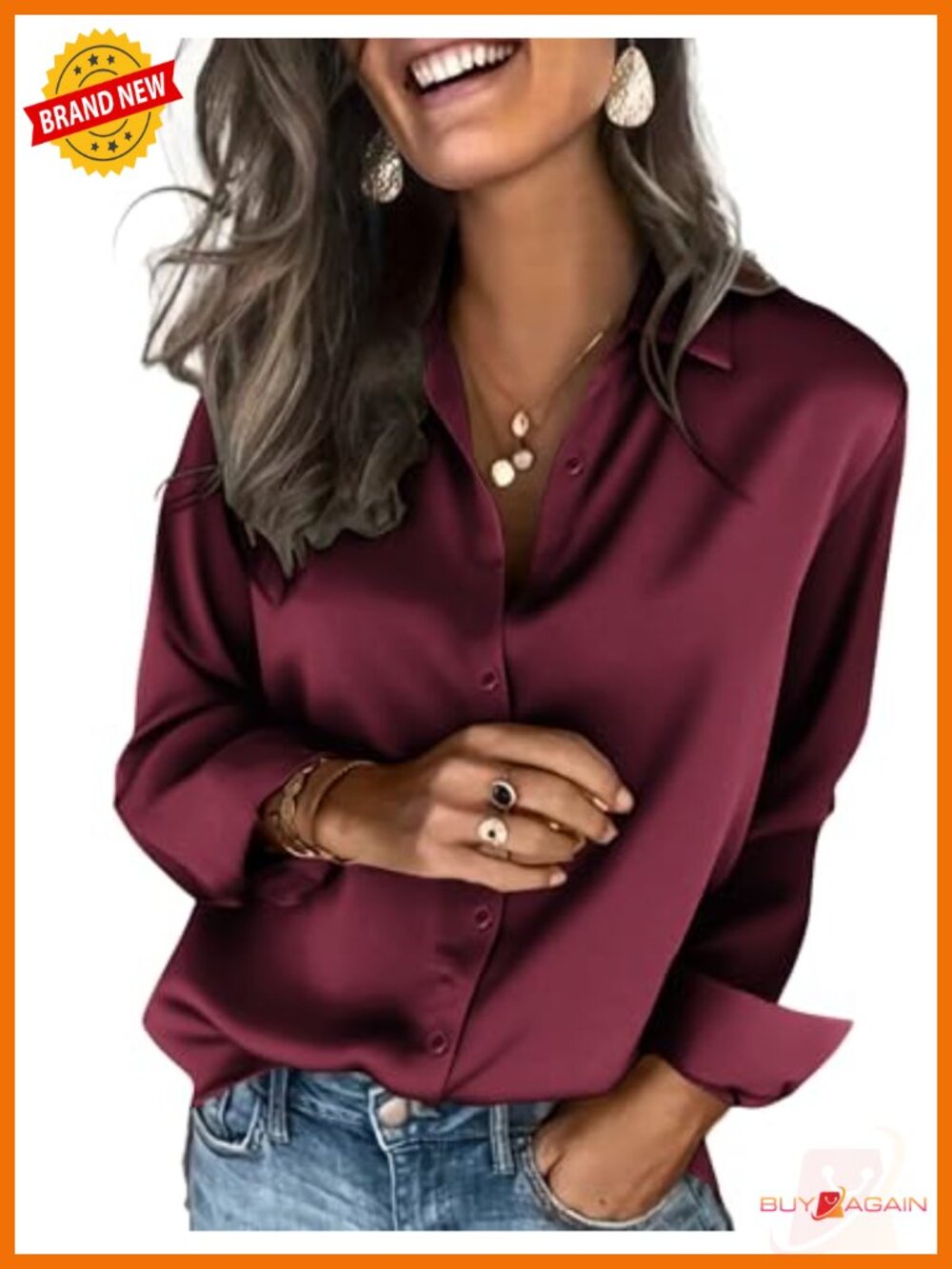 Satin Button Down Blouse Long Sleeve Women's Top V-Neck Shirt